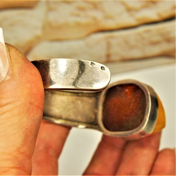 BOLD AMBER 925 SILVER ASYMMETRICAL BRACELET, Egg Yolk Amber Stone, Rare to Find - Picture 10 of 10